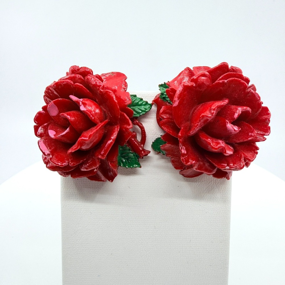 Vintage Red Enamel Rose Clip-On Earrings Mid-Century Floral Statement